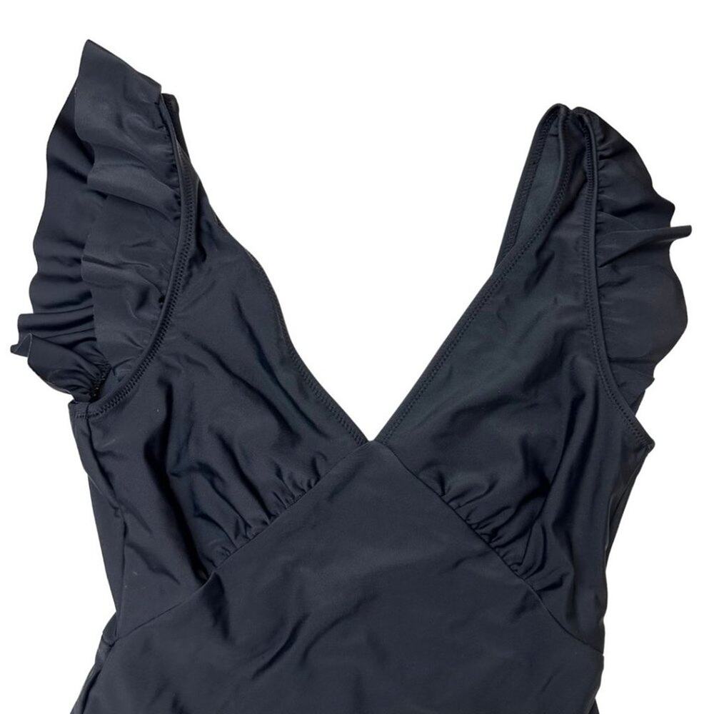 CUPSHE One Piece Swimsuit V Neck Ruched Ruffle Shoulder Black M - Picture 3 of 6